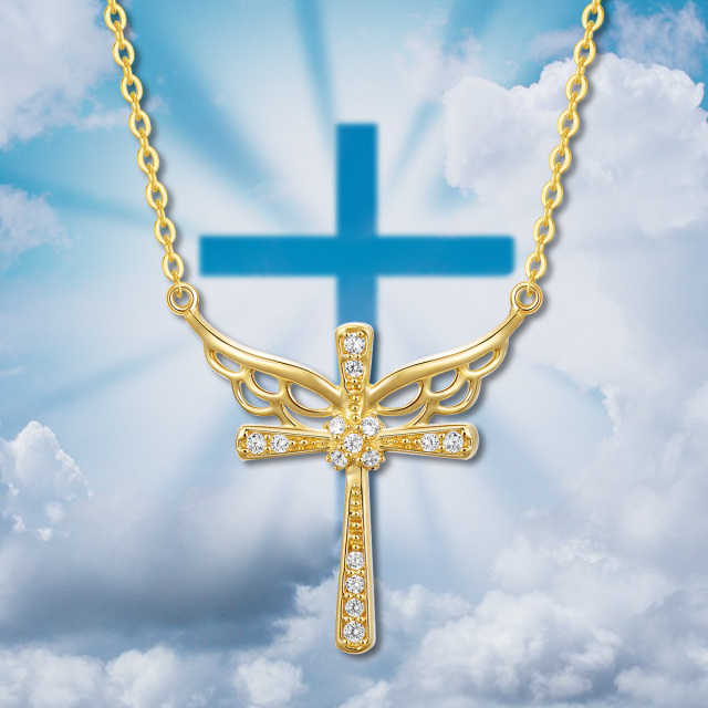 Collar de oro de 14 quilates con colgante de cruz y ala de ángel de circonita-2