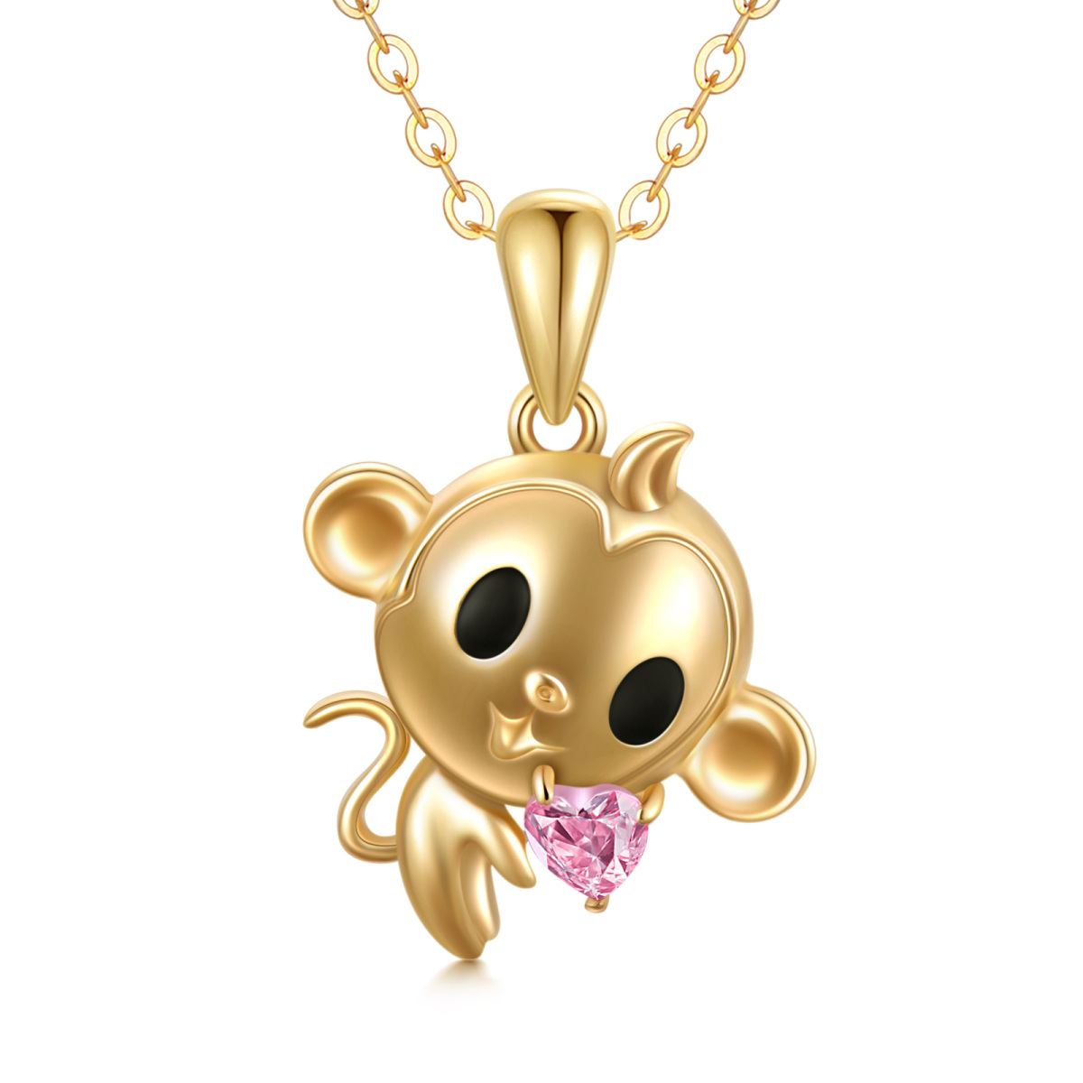 14K Gold Heart Shaped Cubic Zirconia Monkey Pendant Necklace-1