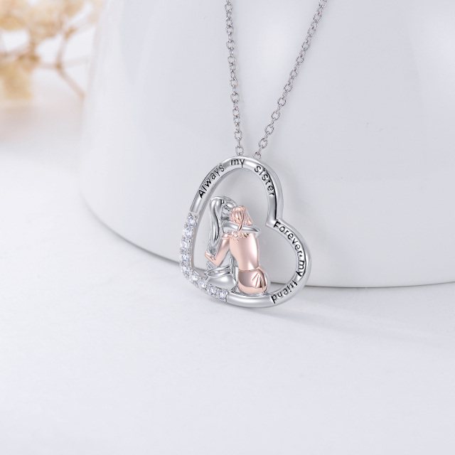 Sterling Silver Two-tone Cubic Zirconia Heart Best Sisters Pendant Necklace with Engraved Word-4