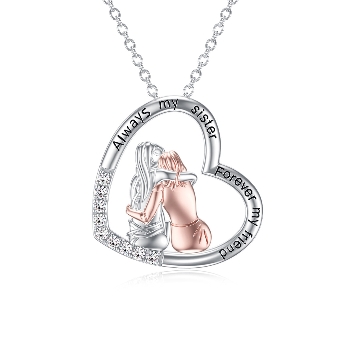 Sterling Silver Two-tone Cubic Zirconia Heart Best Sisters Pendant Necklace with Engraved Word-1