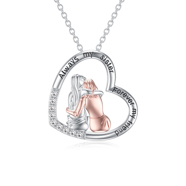 Sterling Silver Two-tone Cubic Zirconia Heart Best Sisters Pendant Necklace with Engraved Word-0