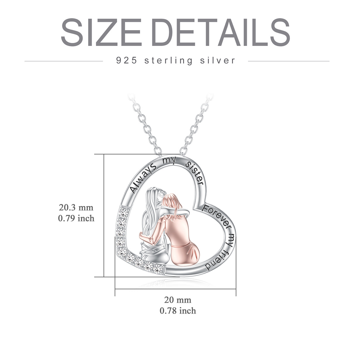 Sterling Silver Two-tone Cubic Zirconia Heart Best Sisters Pendant Necklace with Engraved Word-6