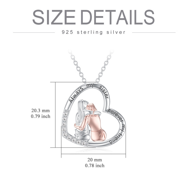 Sterling Silver Two-tone Cubic Zirconia Heart Best Sisters Pendant Necklace with Engraved Word-5