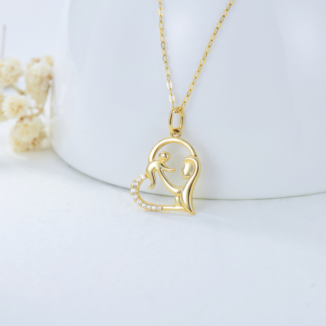 14K Gold Cubic Zirconia Mother & Baby Heart Pendant Necklace-3