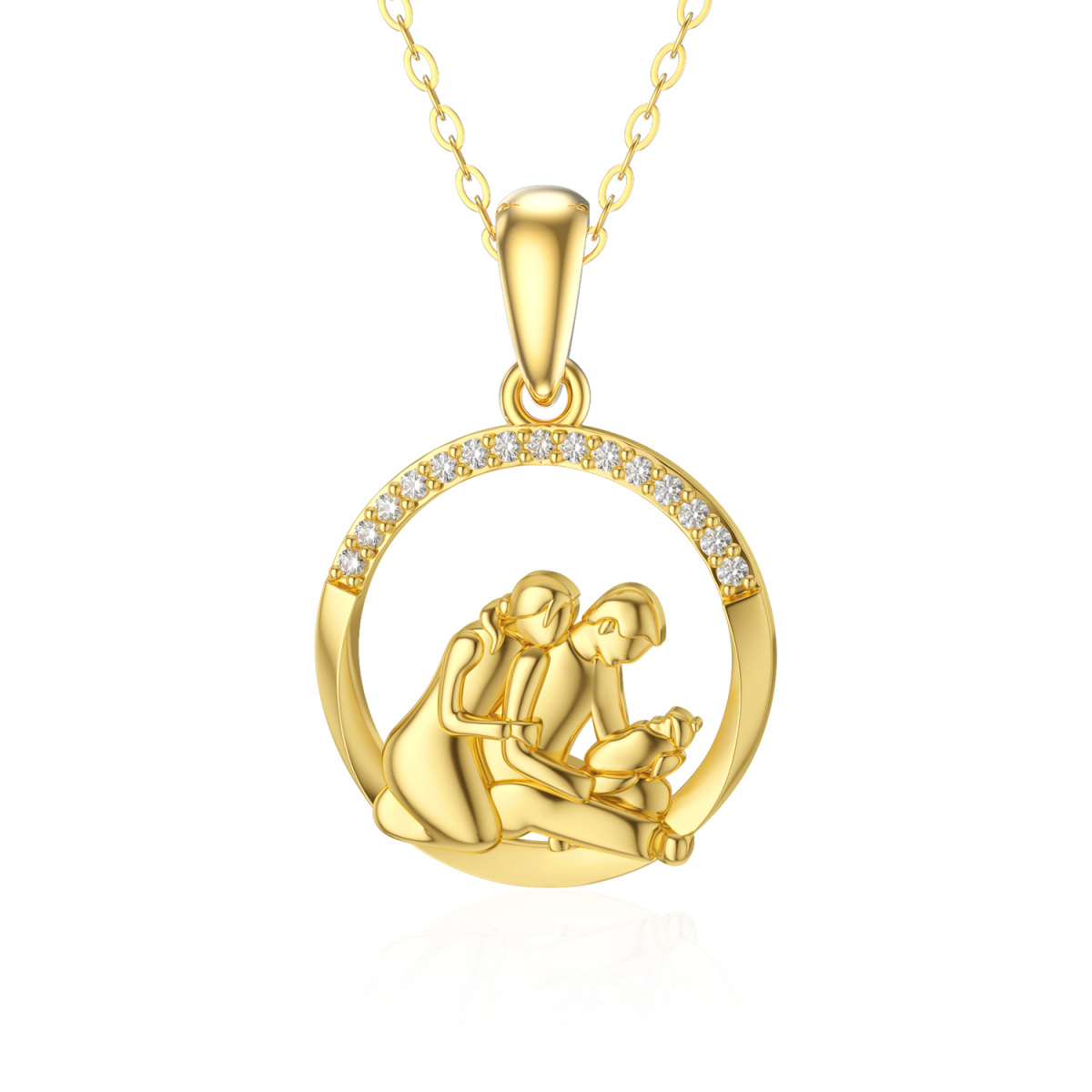 14K Gold Moissanite Parents & Children & Round Pendant Necklace-1