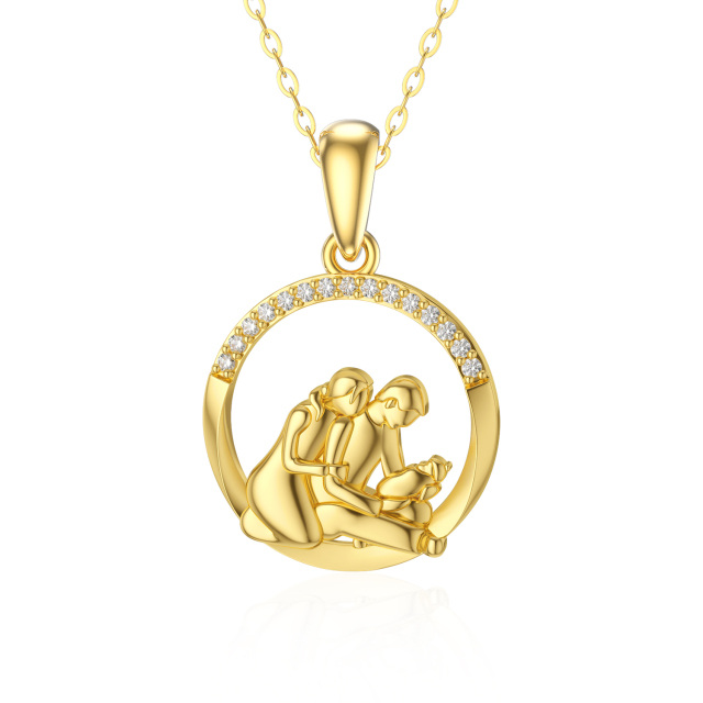 14K Gold Moissanit Eltern Kinder Rund Anhänger Halskette-0