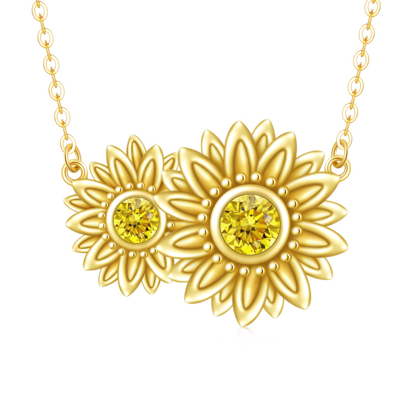 14K Gold Cubic Zirconia Sunflower Pendant Necklace