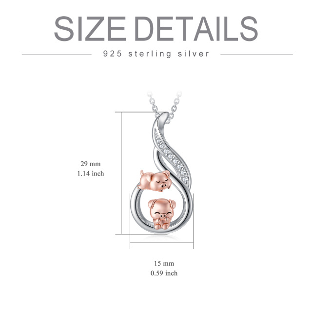 Sterling Silver Two-tone Circular Shaped Cubic Zirconia Pig Pendant Necklace-4