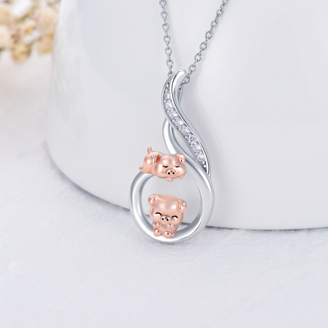 Sterling Silver Two-tone Circular Shaped Cubic Zirconia Pig Pendant Necklace-2