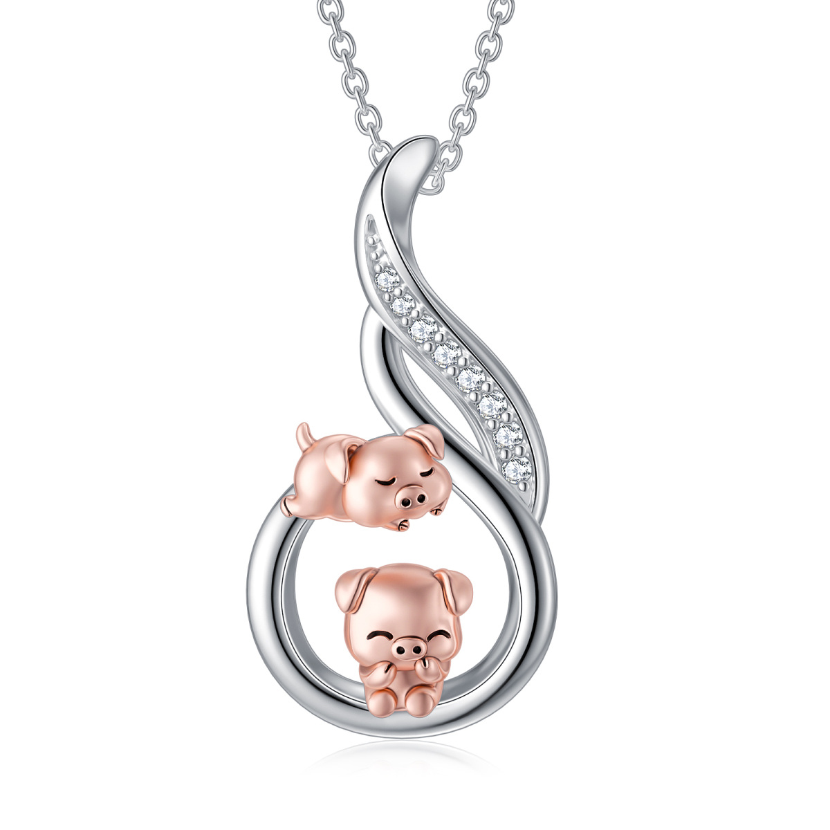 Sterling Silver Two-tone Circular Shaped Cubic Zirconia Pig Pendant Necklace-1