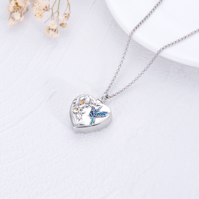 Sterling Silver Two-tone Hummingbird & Daffodil Heart Urn Necklace for Ashes-3