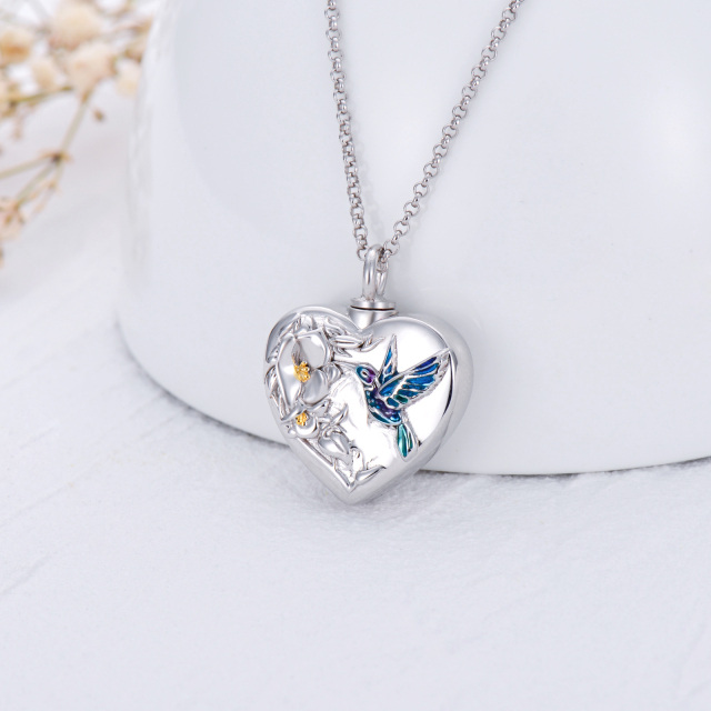 Sterling Silver Two-tone Hummingbird & Daffodil Heart Urn Necklace for Ashes-2
