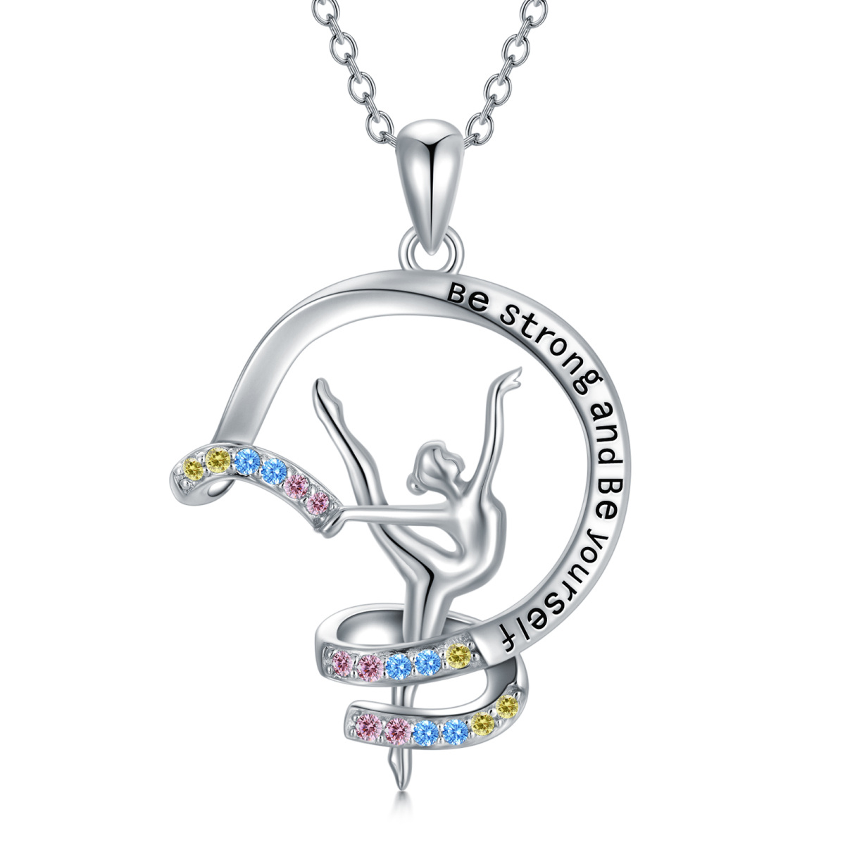 Sterling Silver Circular Shaped Cubic Zirconia Gymnast Pendant Necklace with Engraved Word-1