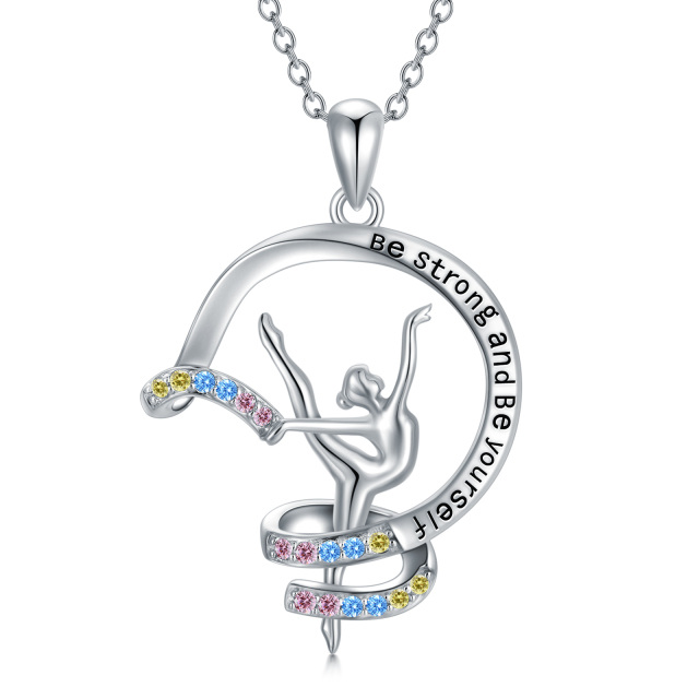 Sterling Silver Circular Shaped Cubic Zirconia Gymnast Pendant Necklace with Engraved Word-5