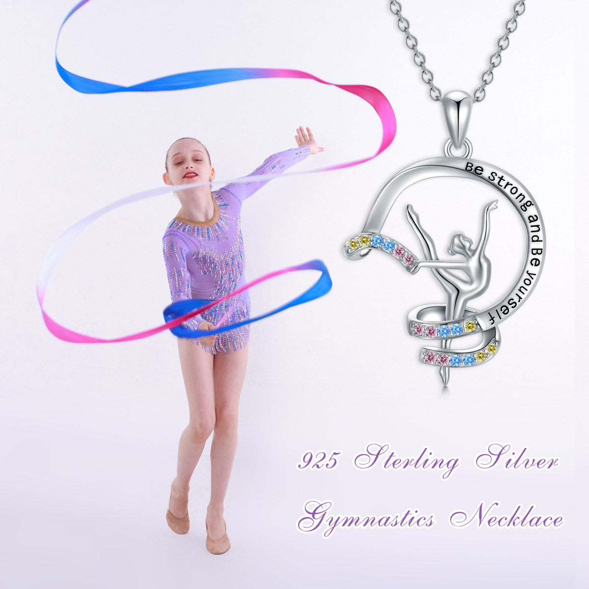 Sterling Silver Circular Shaped Cubic Zirconia Gymnast Pendant Necklace with Engraved Word-6
