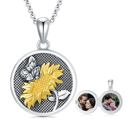 Plata de ley de dos tonos de mariposa y girasol y foto personalizada Personalizado collar