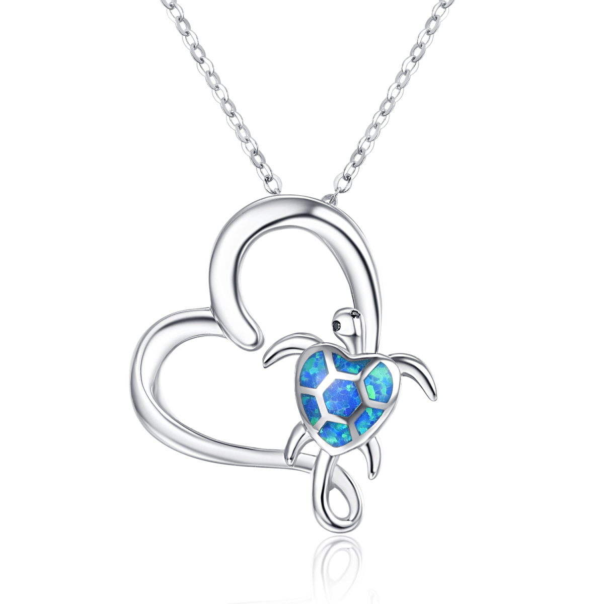 Sterling Silver Heart Shaped Opal Sea Turtle & Heart Pendant Necklace-1