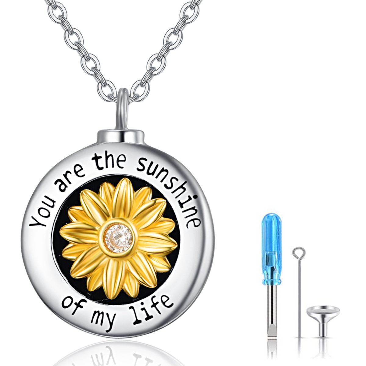 Sterling Silver Two-tone Cubic Zirconia Sunflower Urn Necklace for Ashes with Engraved Word-1