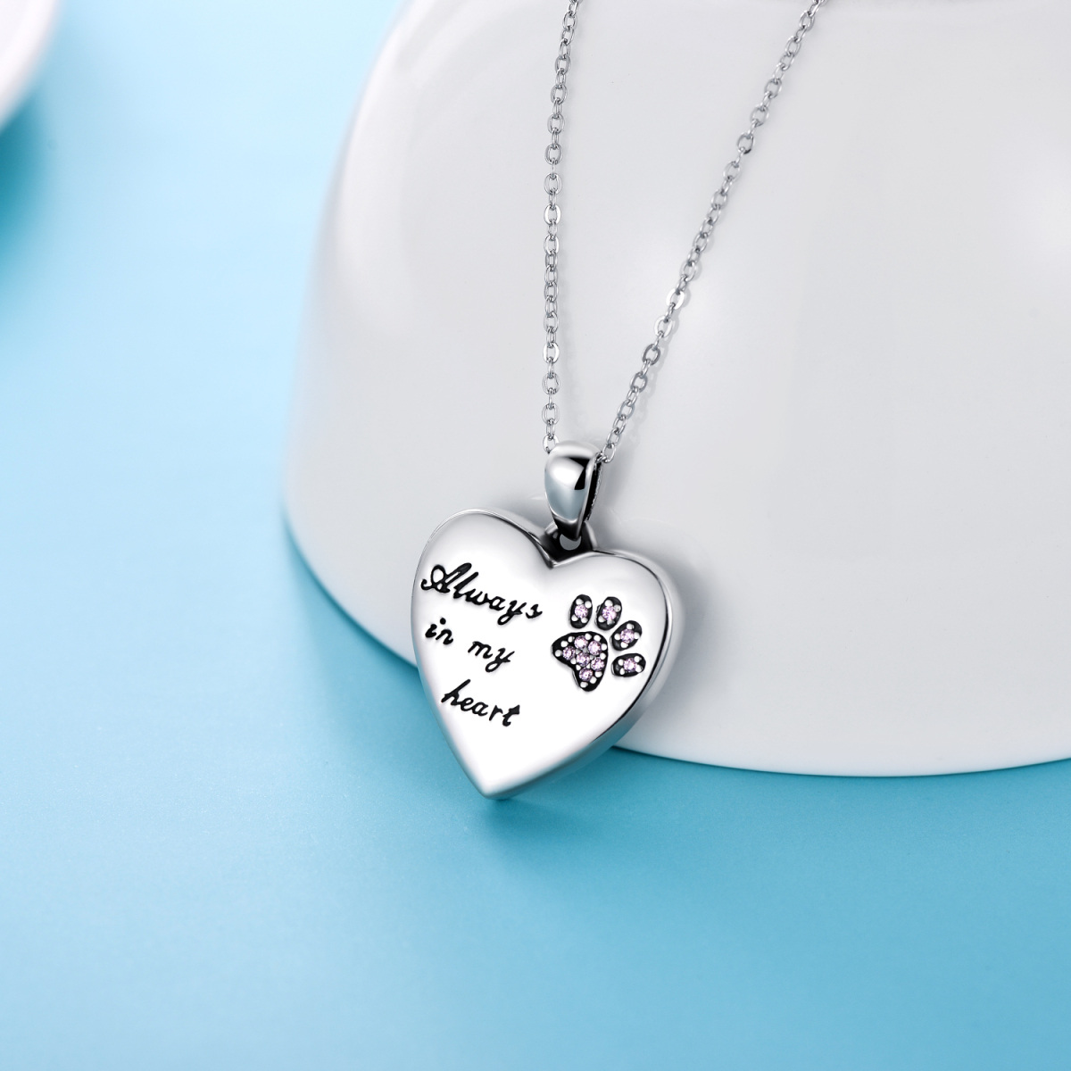 Sterling Silver Cubic Zirconia Paw Urn Necklace for Ashes with Engraved Word-4