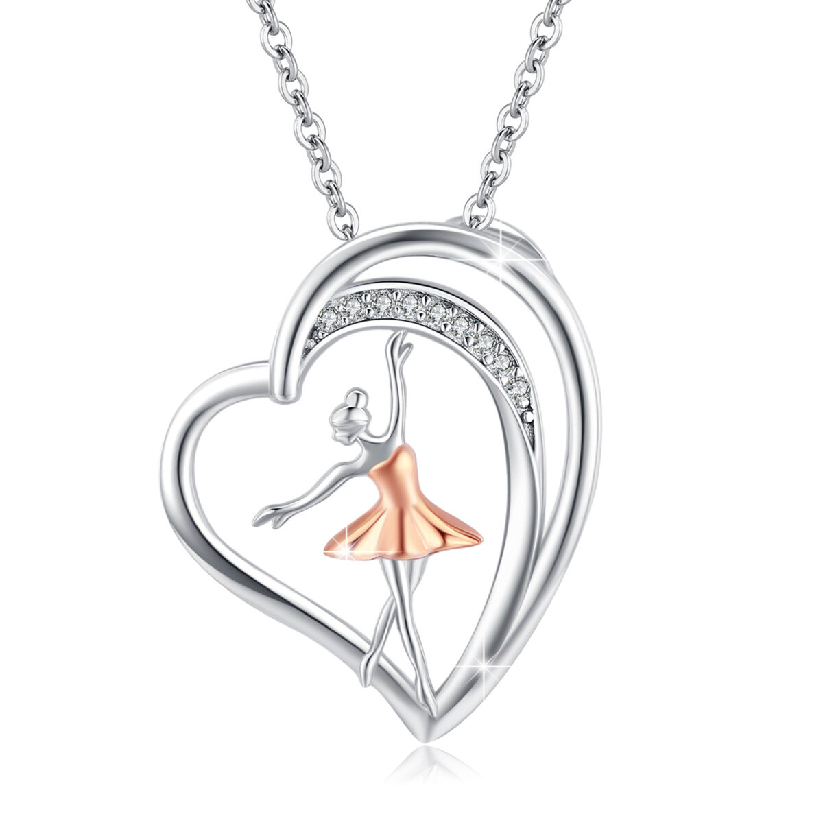 Sterling Silver Two-tone Round Cubic Zirconia Ballet Dancer & Heart Pendant Necklace-1