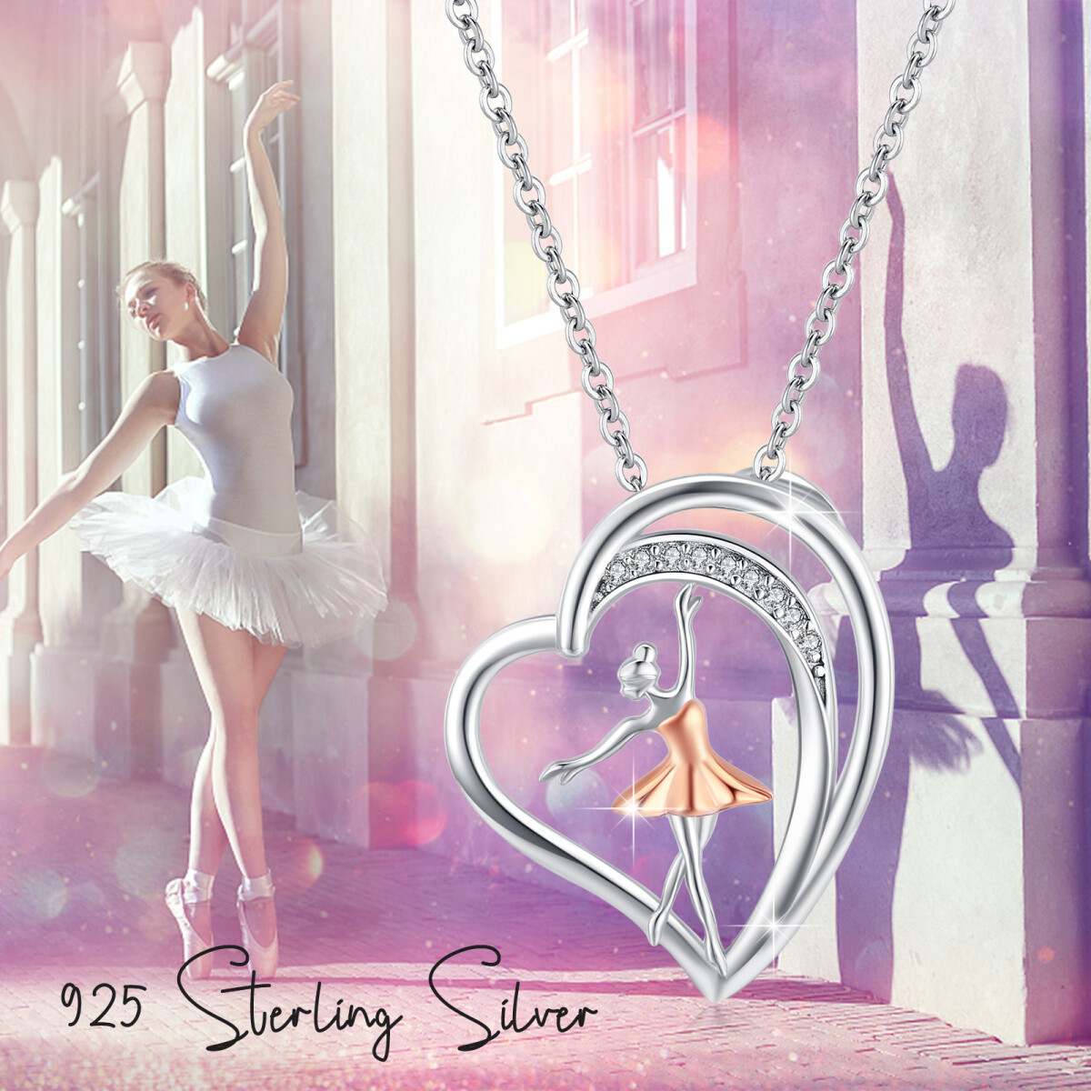 Sterling Silver Two-tone Round Cubic Zirconia Ballet Dancer & Heart Pendant Necklace-5