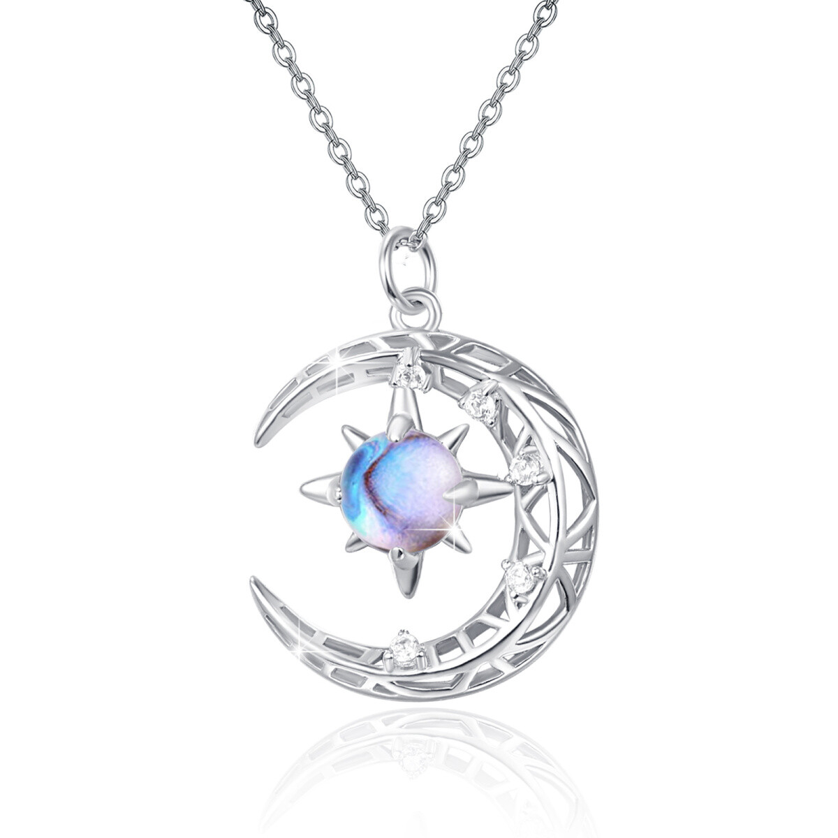 Sterling Silver Round Moonstone Moon Pendant Necklace-1