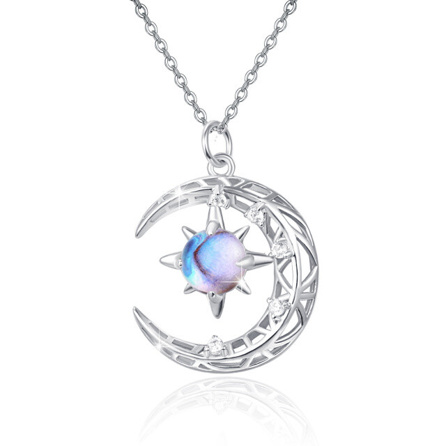 Sterling Silver Round Moonstone Moon Pendant Necklace-0
