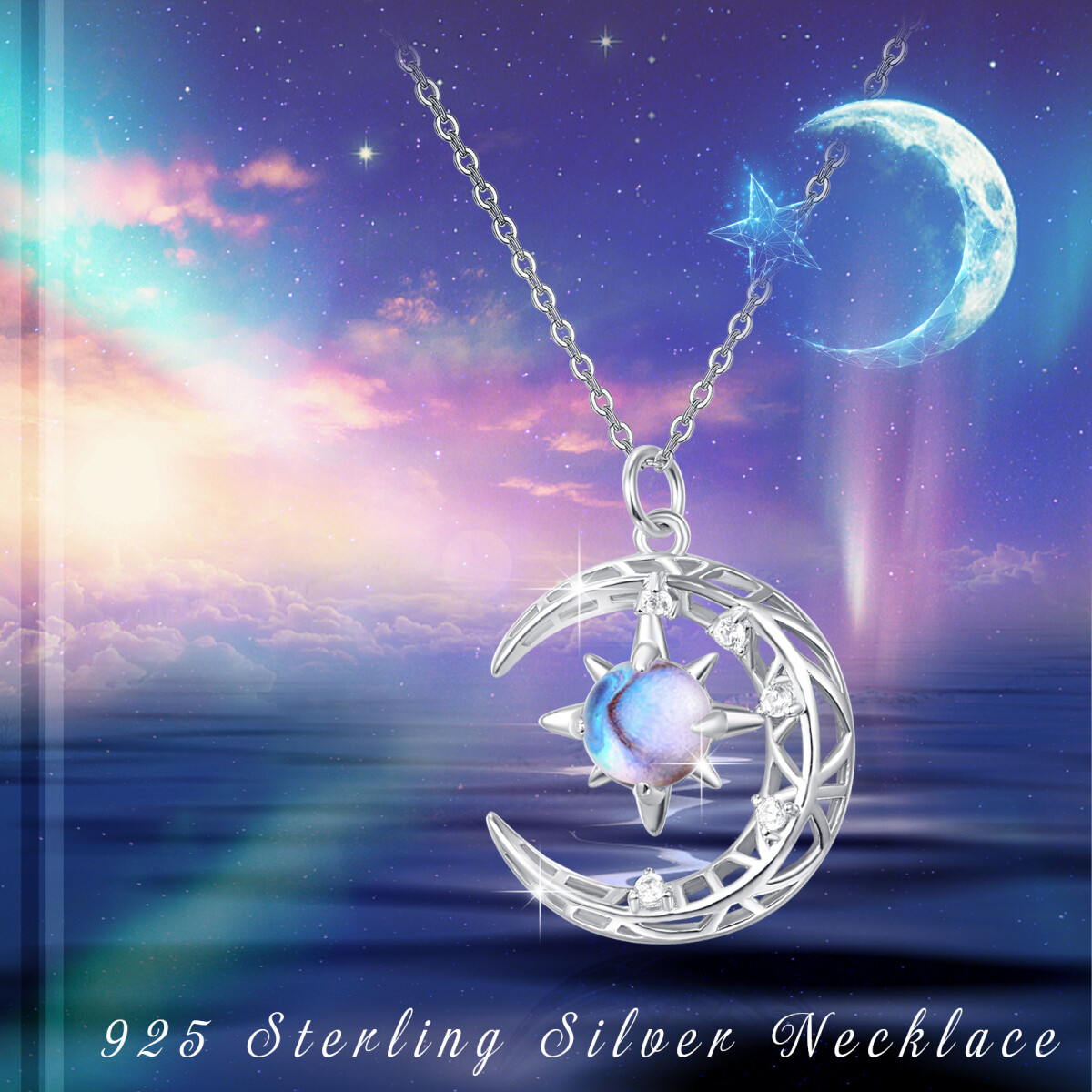 Sterling Silver Round Moonstone Moon Pendant Necklace-5