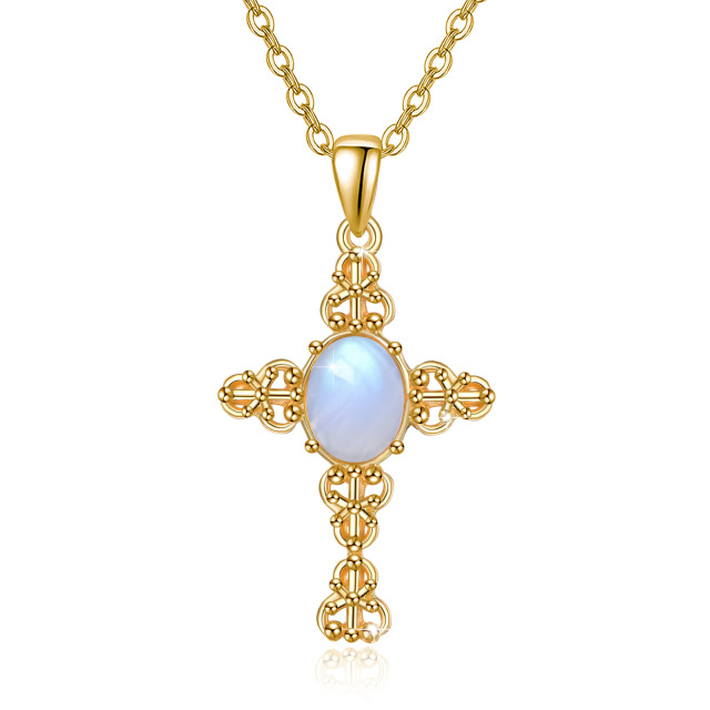 Sterling Silver with Yellow Gold Plated Circular Shaped Moonstone Cross Pendant Necklace-2