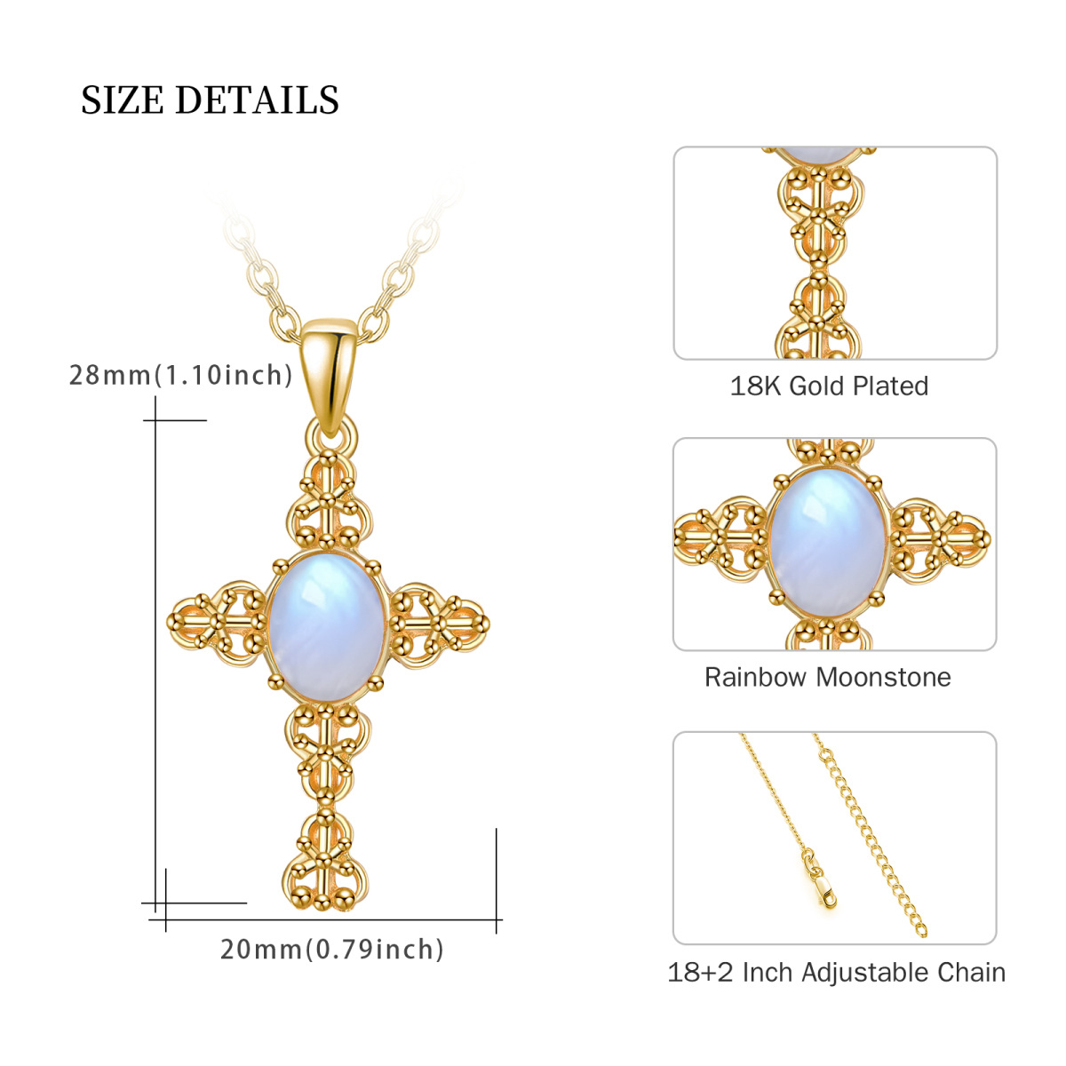 Sterling Silver with Yellow Gold Plated Circular Shaped Moonstone Cross Pendant Necklace-5