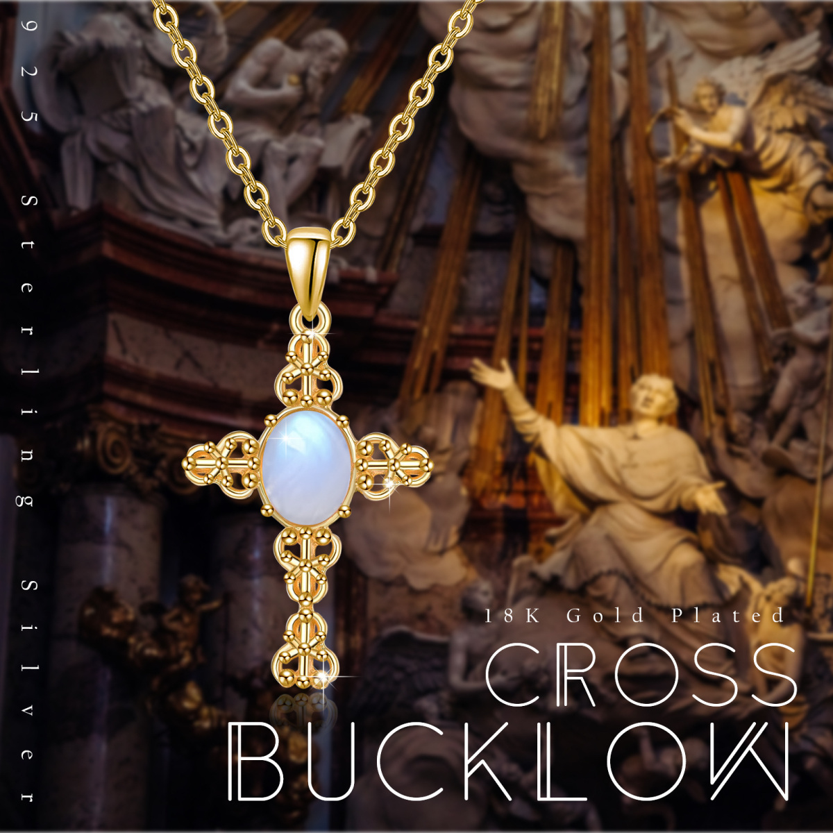 Sterling Silver with Yellow Gold Plated Circular Shaped Moonstone Cross Pendant Necklace-6