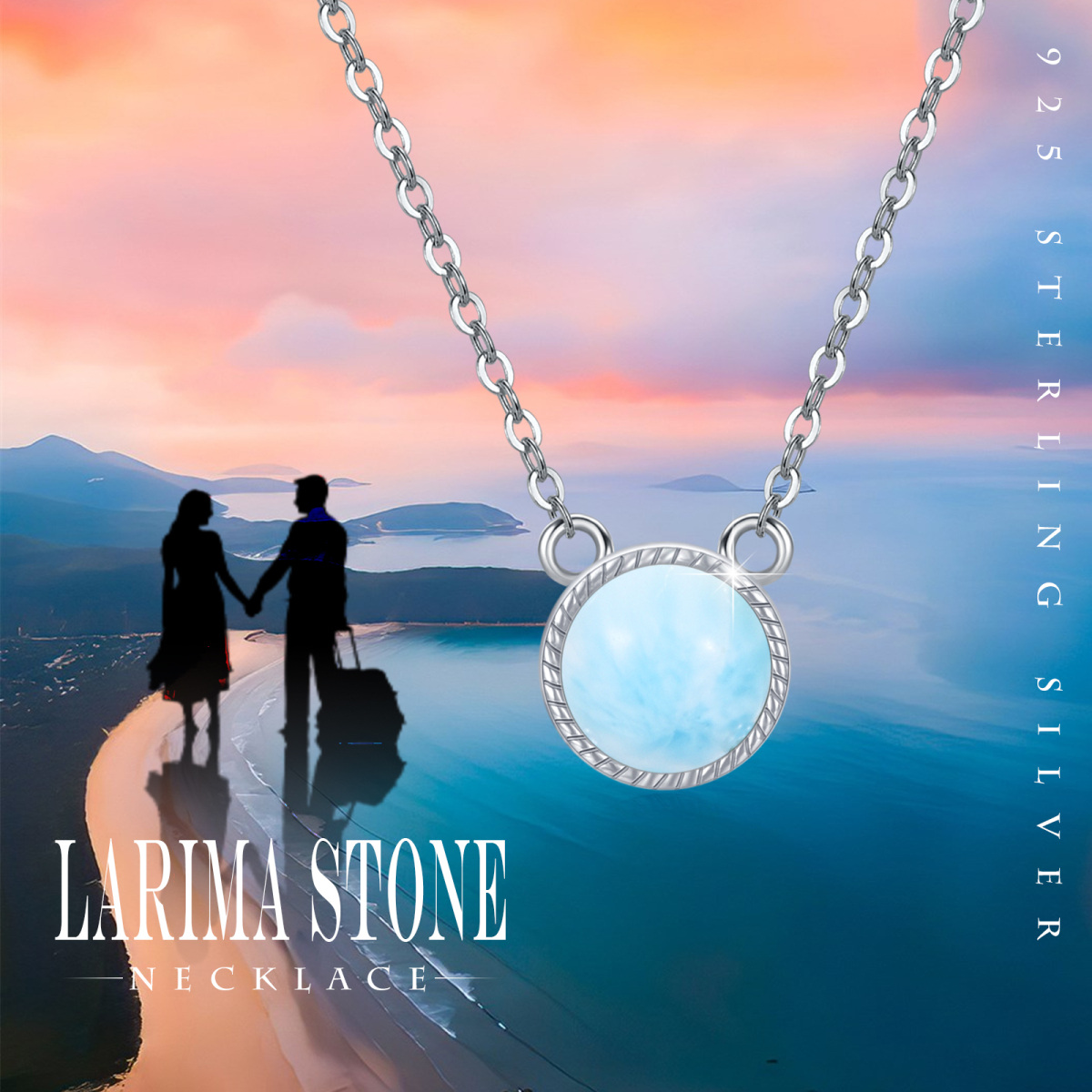 Sterling Silver Circular Shaped Lalimar Stone Round Pendant Necklace-6