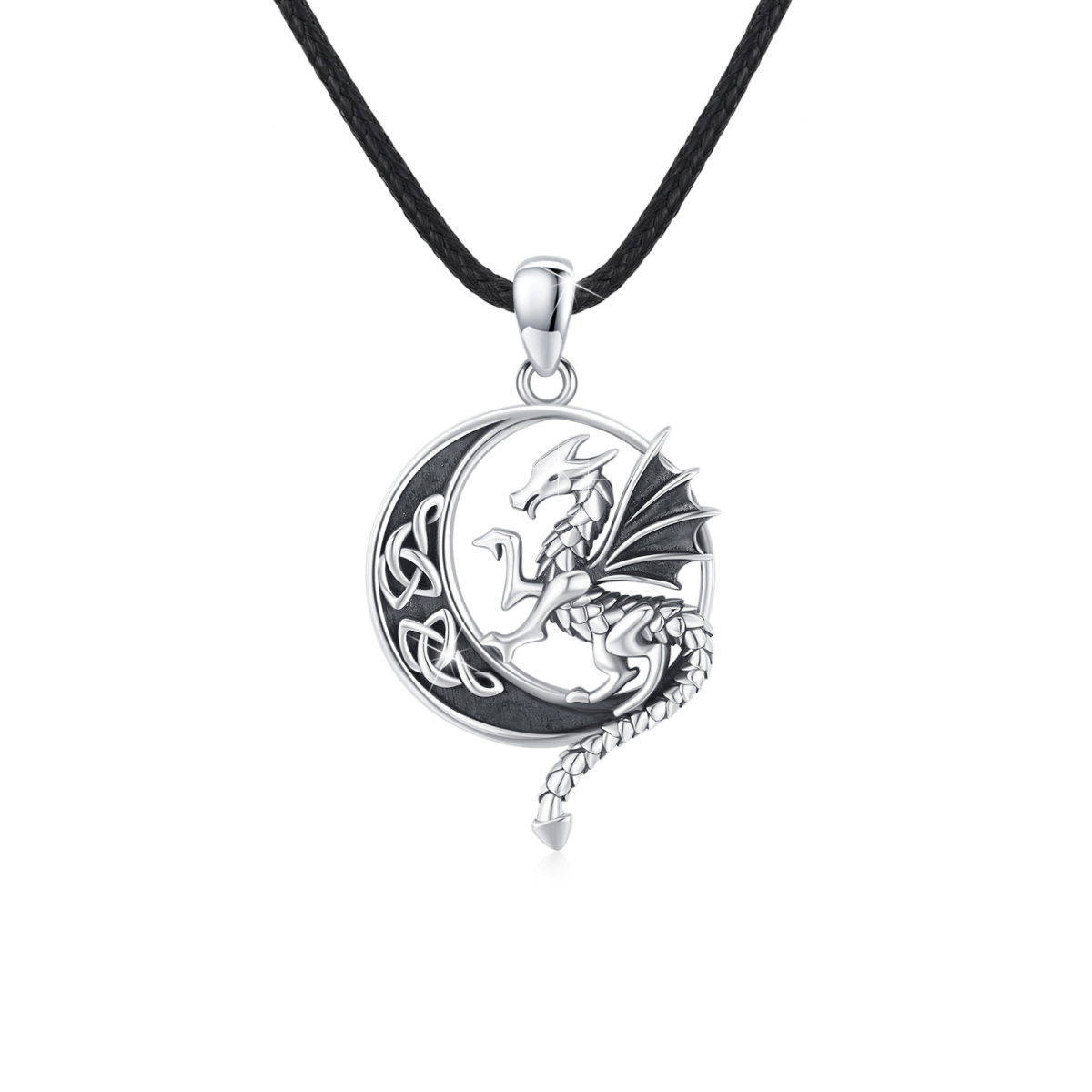 Sterling Silver Dragon & Celtic Knot & Moon Pendant Necklace for Men-1