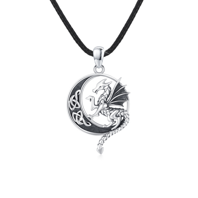 Sterling Silver Dragon & Celtic Knot & Moon Pendant Necklace for Men-0