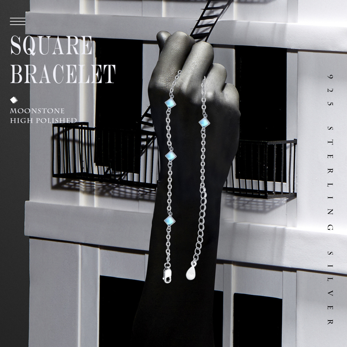 Bracelet en argent sterling avec chaîne à stations et perles carrées en pierre de lune de-5