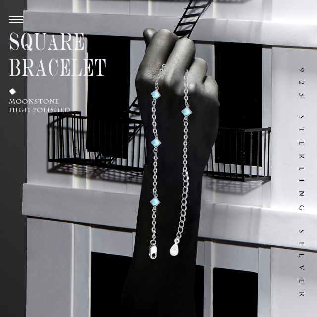 Bracelet en argent sterling avec chaîne à stations et perles carrées en pierre de lune de-4
