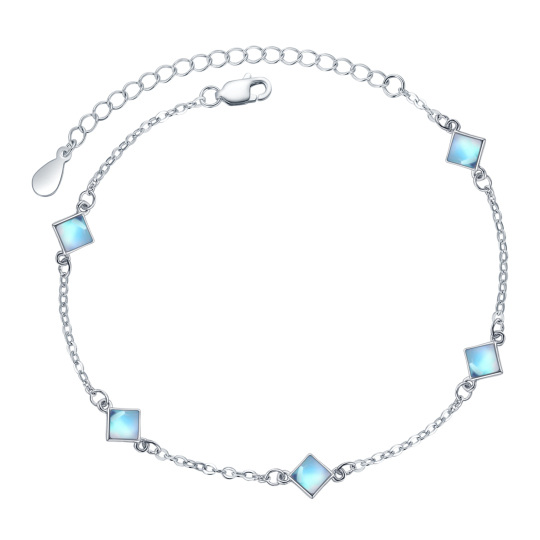 Sterling Silver Princess-square Shaped Moonstone Square Bead Station Chain Bracelet