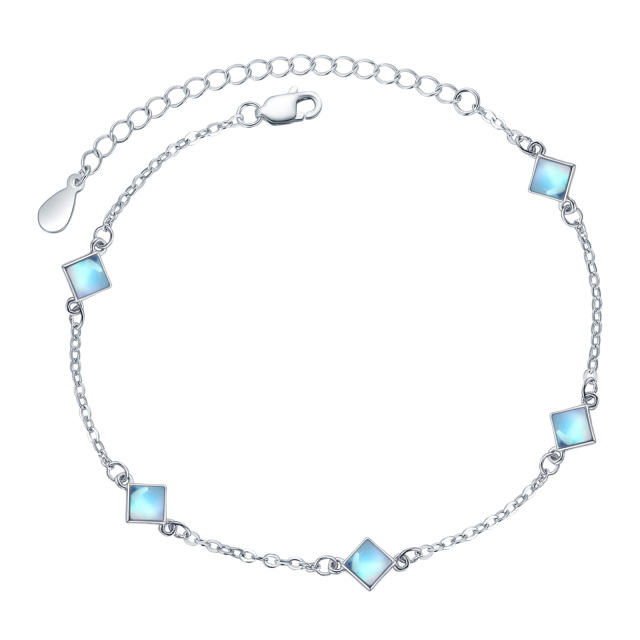 Sterling Silver Princess-square Shaped Moonstone Square Bead Station Chain Bracelet-0
