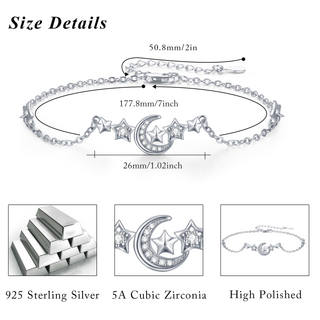 Sterling Silver Cubic Zirconia Moon & Star Pendant Bracelet-4