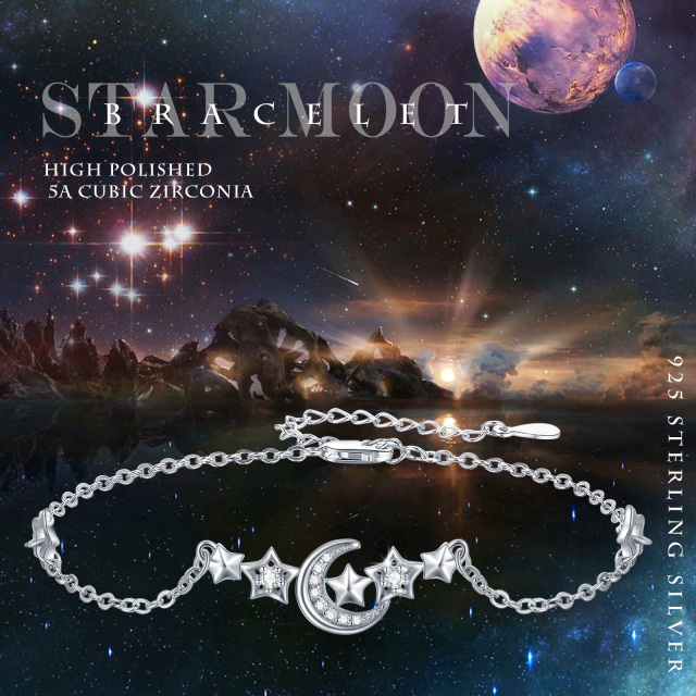 Sterling Silver Cubic Zirconia Moon & Star Pendant Bracelet-3