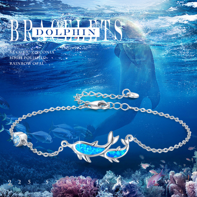 Sterling Silver Cubic Zirconia & Opal Dolphin & Heart Pendant Bracelet-4