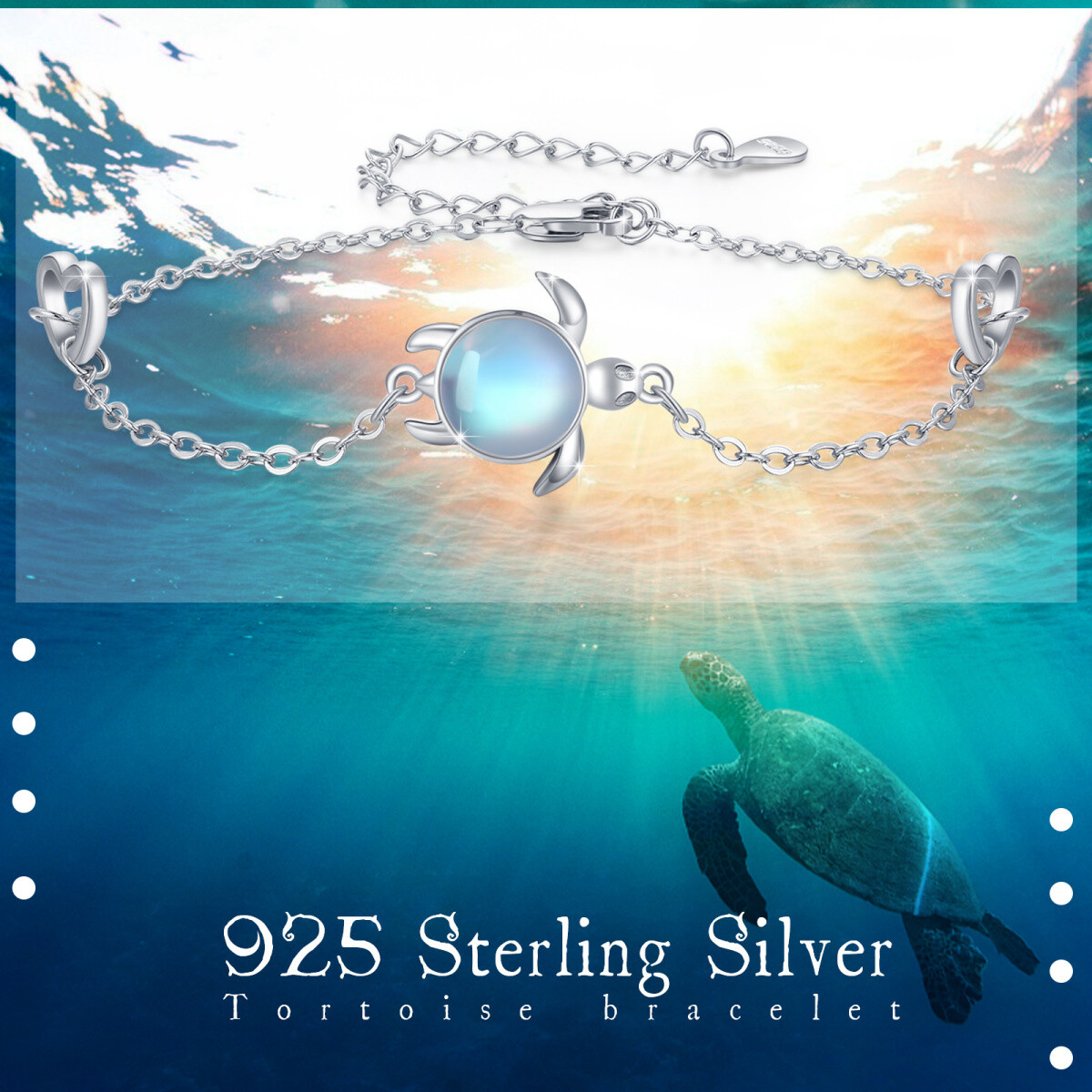 Sterling Silber kreisförmig Mondstein Schildkröte & Herz-Anhänger-Armband-5