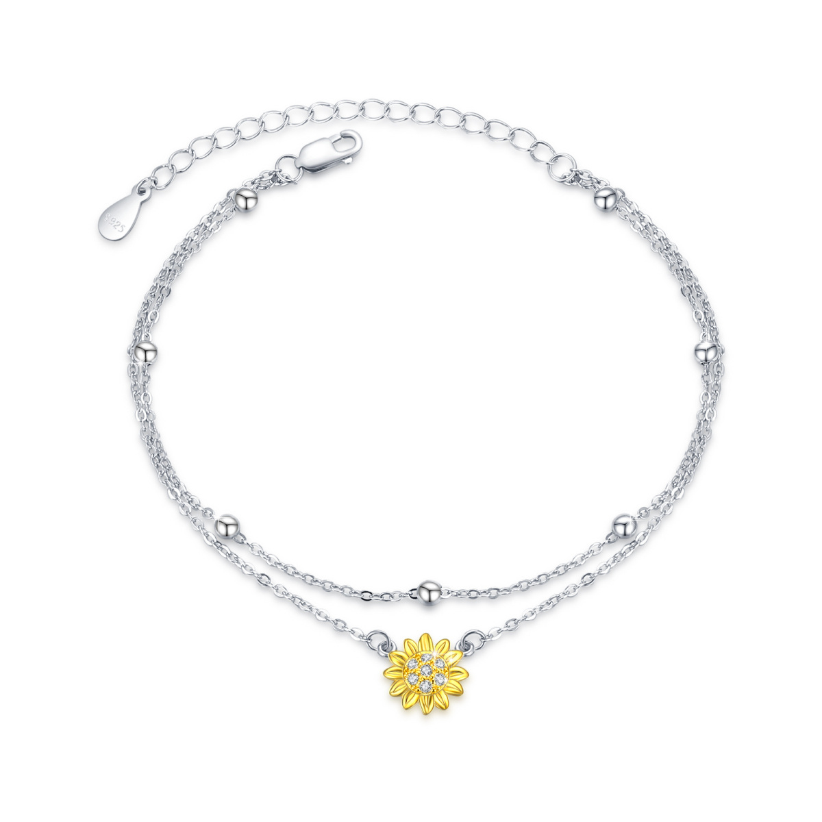 Sterling Silver Two-tone Circular Shaped Cubic Zirconia Sunflower Layerered Bracelet-1