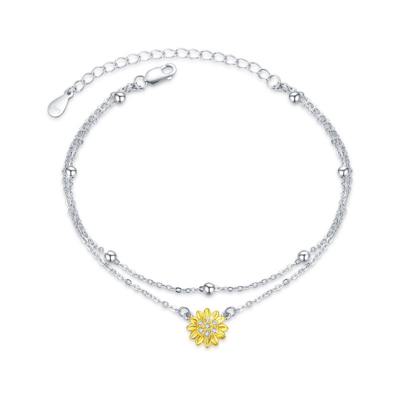 Sterling Silver Two-tone Circular Shaped Cubic Zirconia Sunflower Layerered Bracelet
