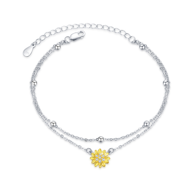 Sterling Silver Two-tone Circular Shaped Cubic Zirconia Sunflower Layerered Bracelet-0