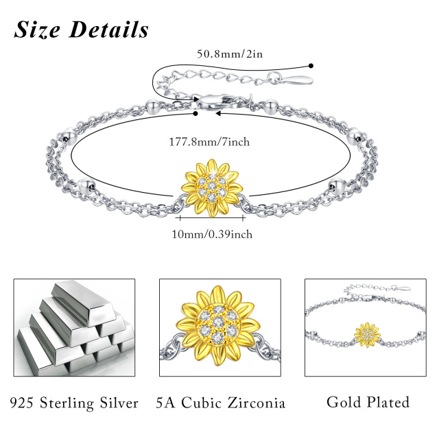 Sterling Silver Two-tone Circular Shaped Cubic Zirconia Sunflower Layerered Bracelet-4