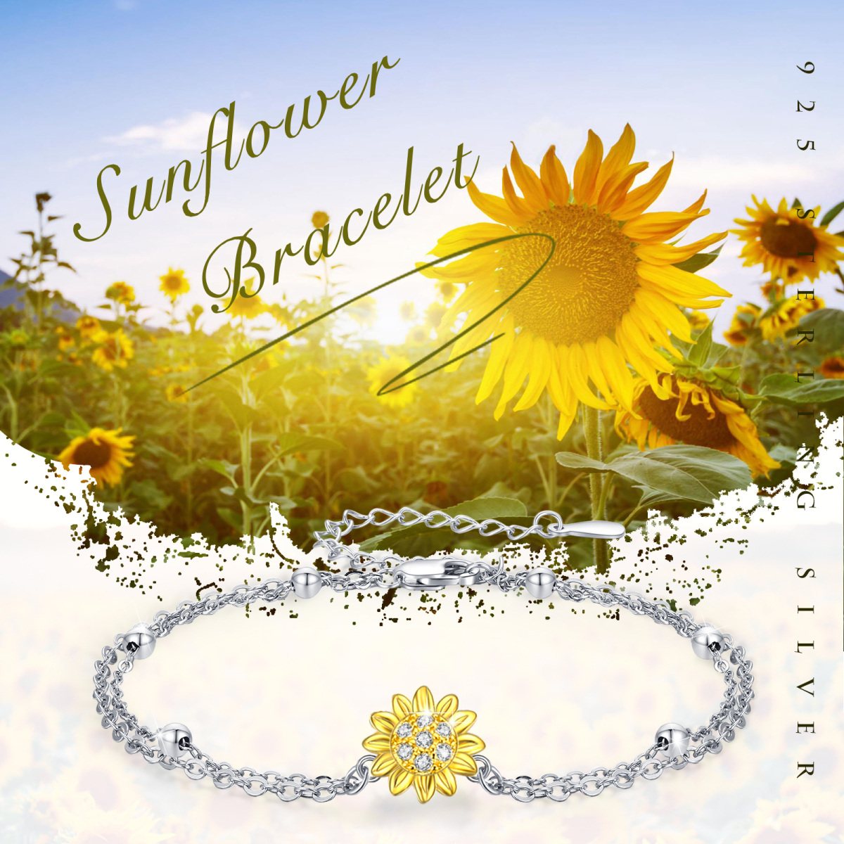 Sterling Silver Two-tone Circular Shaped Cubic Zirconia Sunflower Layerered Bracelet-6