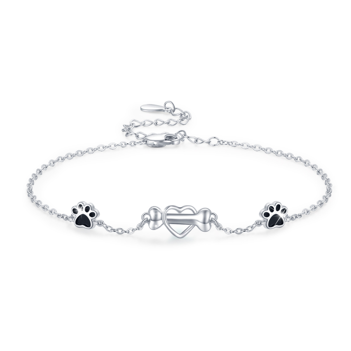 Sterling Silver Two-tone Dog & Paw & Heart Pendant Bracelet-1