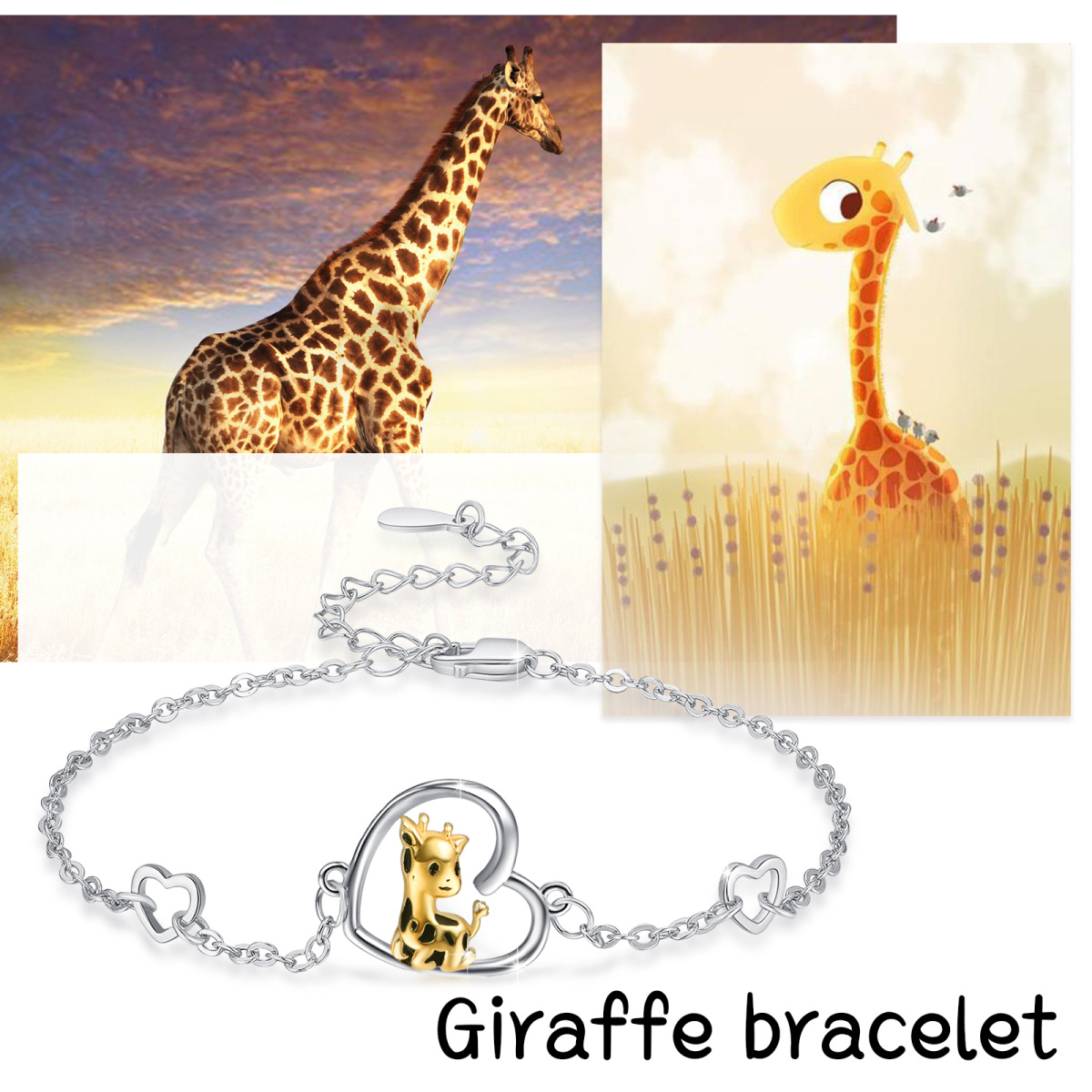 Sterling Silver Two-tone Giraffe & Heart Pendant Bracelet-6
