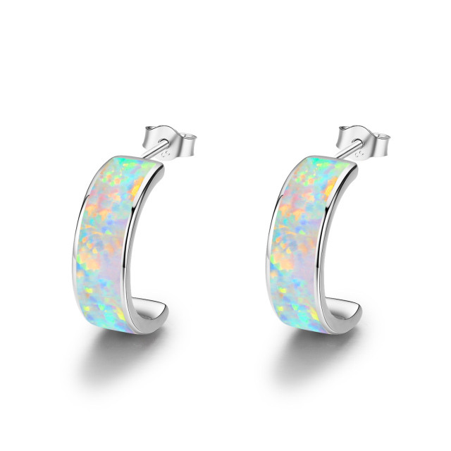 Sterling Silver Opal Round Stud Earrings-2